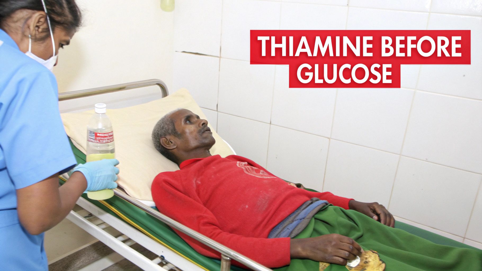 A nurse provides care to a patient in a hospital, emphasizing 'THIAMINE BEFORE GLUCOSE'.
