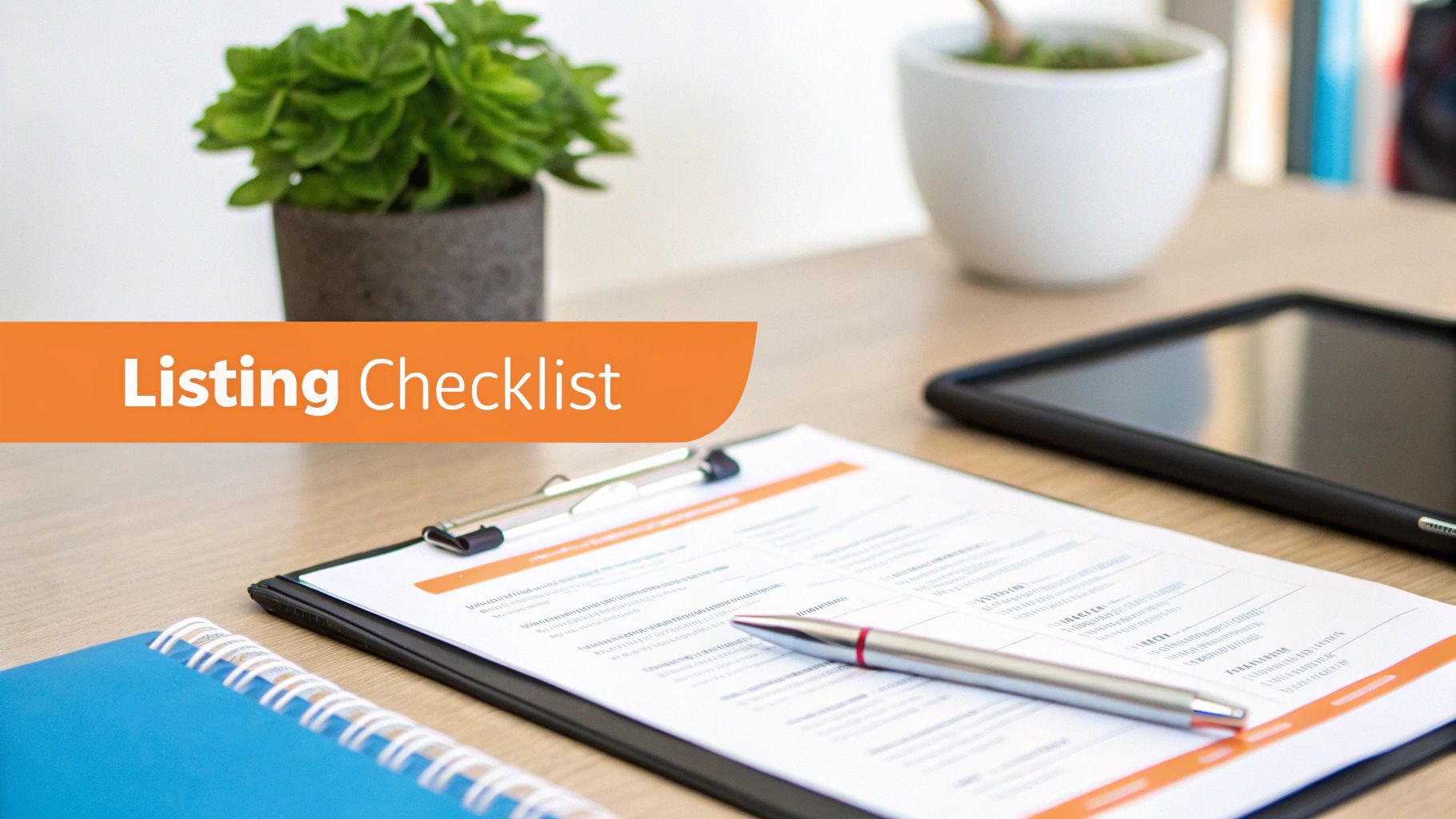 A 'Listing Checklist' banner over a desk with a clipboard, pen, notebook, and tablet.