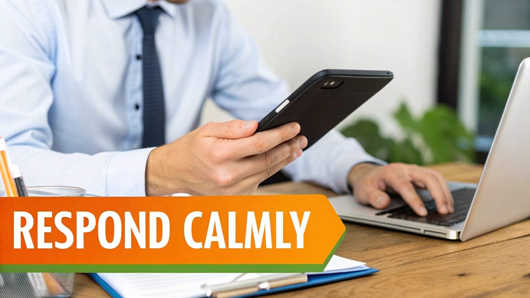 A person calmly uses a smartphone and laptop at a desk, with the text 'RESPOND CALMLY' visible.