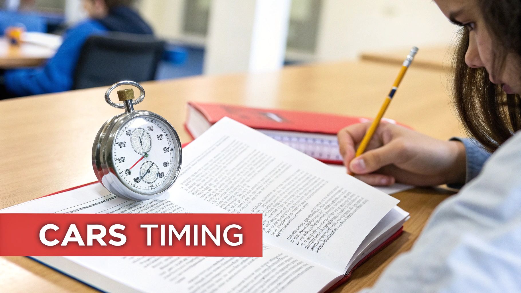 Student studying with stopwatch timer on desk preparing for timed standardized test examination