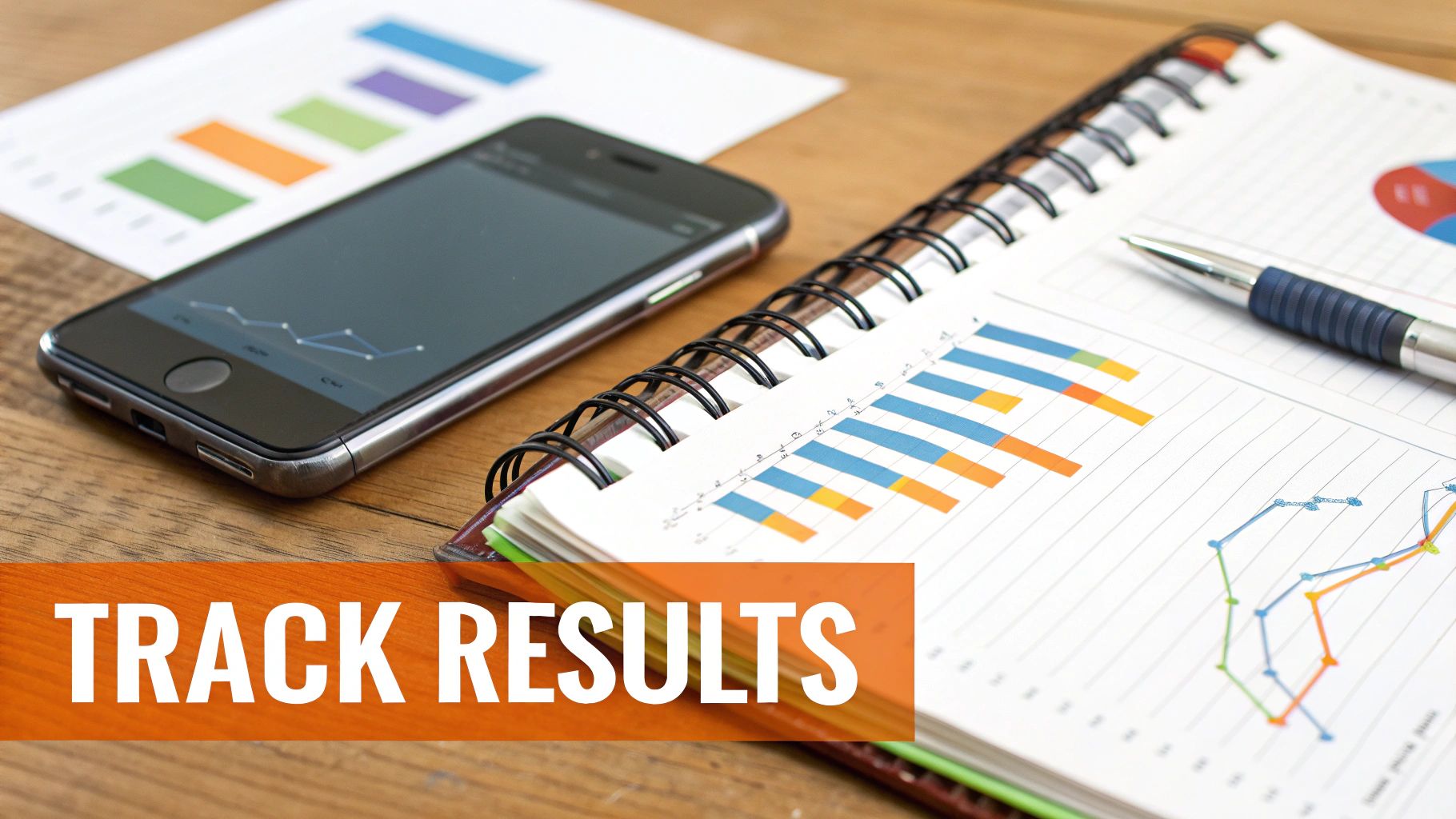 A smartphone, notebook with business graphs and charts, and a pen on a wooden desk, with text 'TRACK RESULTS'.