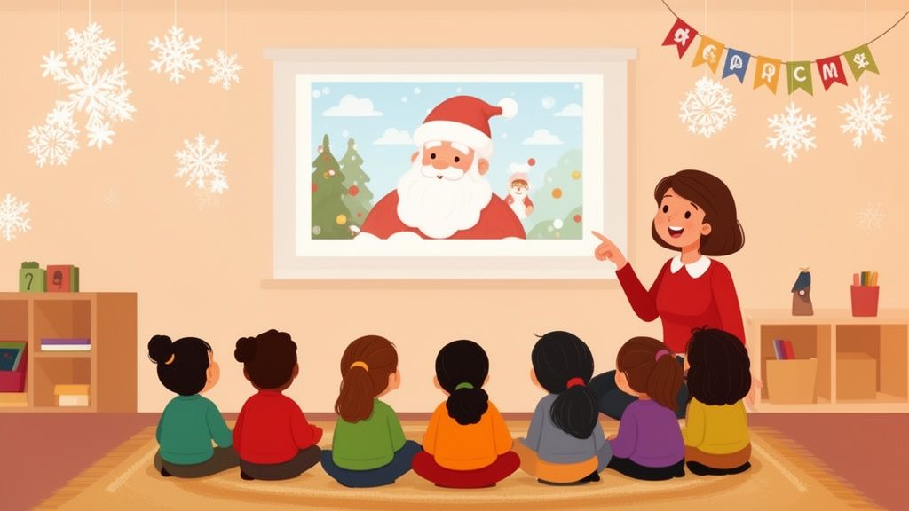 A teacher shows a picture of Santa Claus to diverse children in a classroom decorated for Christmas.