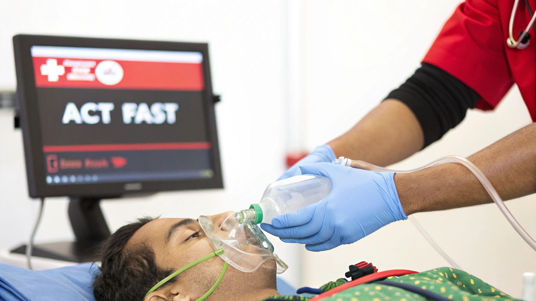 A medical professional in blue gloves provides emergency care to a patient with an oxygen mask.