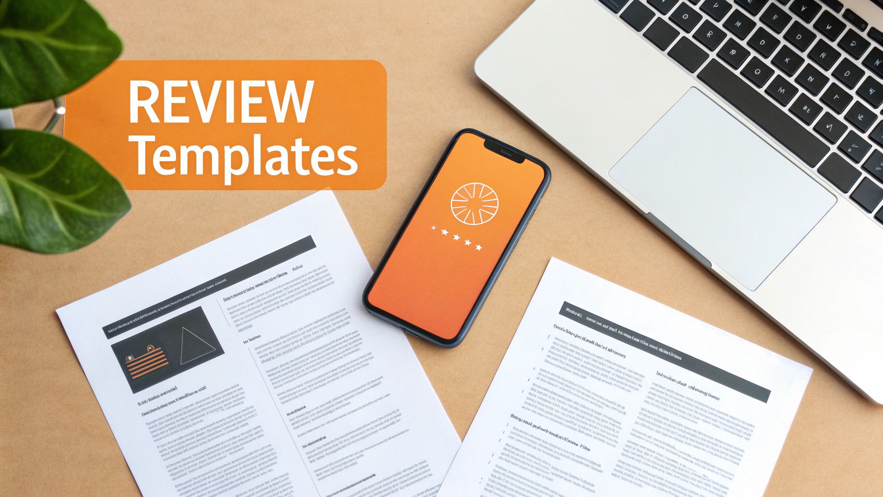 A flat lay of a desk with a 'REVIEW Templates' banner, a smartphone displaying a 4-star review, documents, and a laptop.