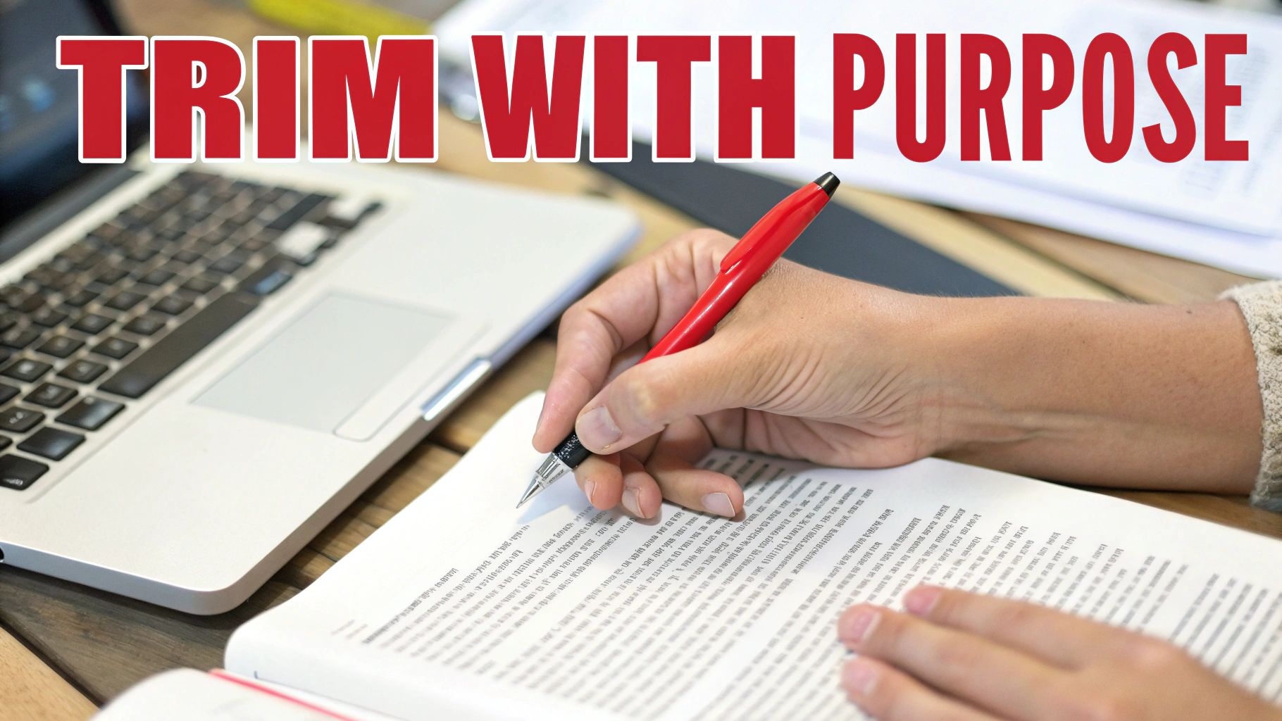 A person editing a document on a laptop with a red pen, symbolizing the editing process.