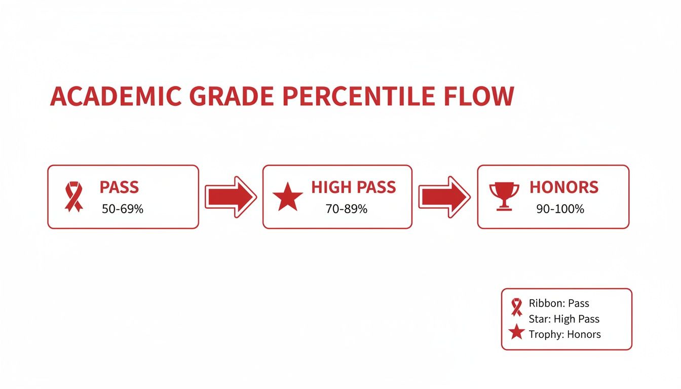 A diagram illustrating academic grade percentile flow: Pass (50-69%), High Pass (70-89%), Honors (90-100%).