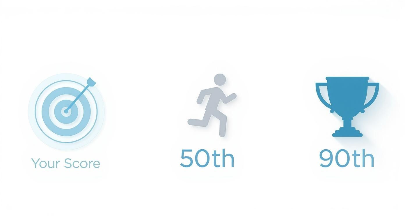 Three icons representing score percentiles: a target for 'Your Score', a runner for '50th', and a trophy for '90th'.