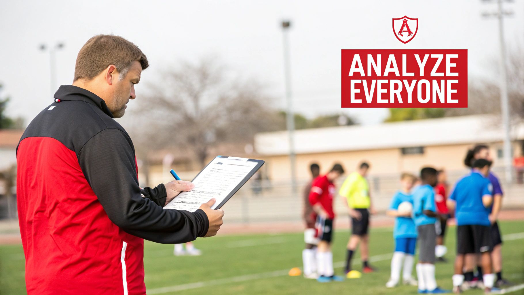 A male soccer coach in a red and black jacket reviews a clipboard on a green field.
