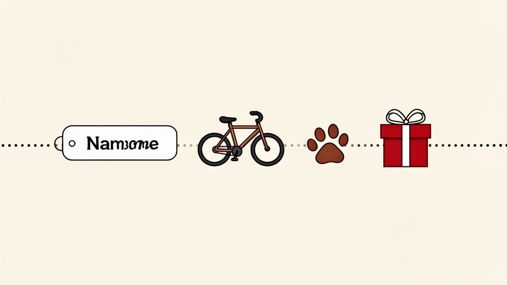 A dotted line connects a 'Name' tag, a bicycle, a paw print, and a red gift box.