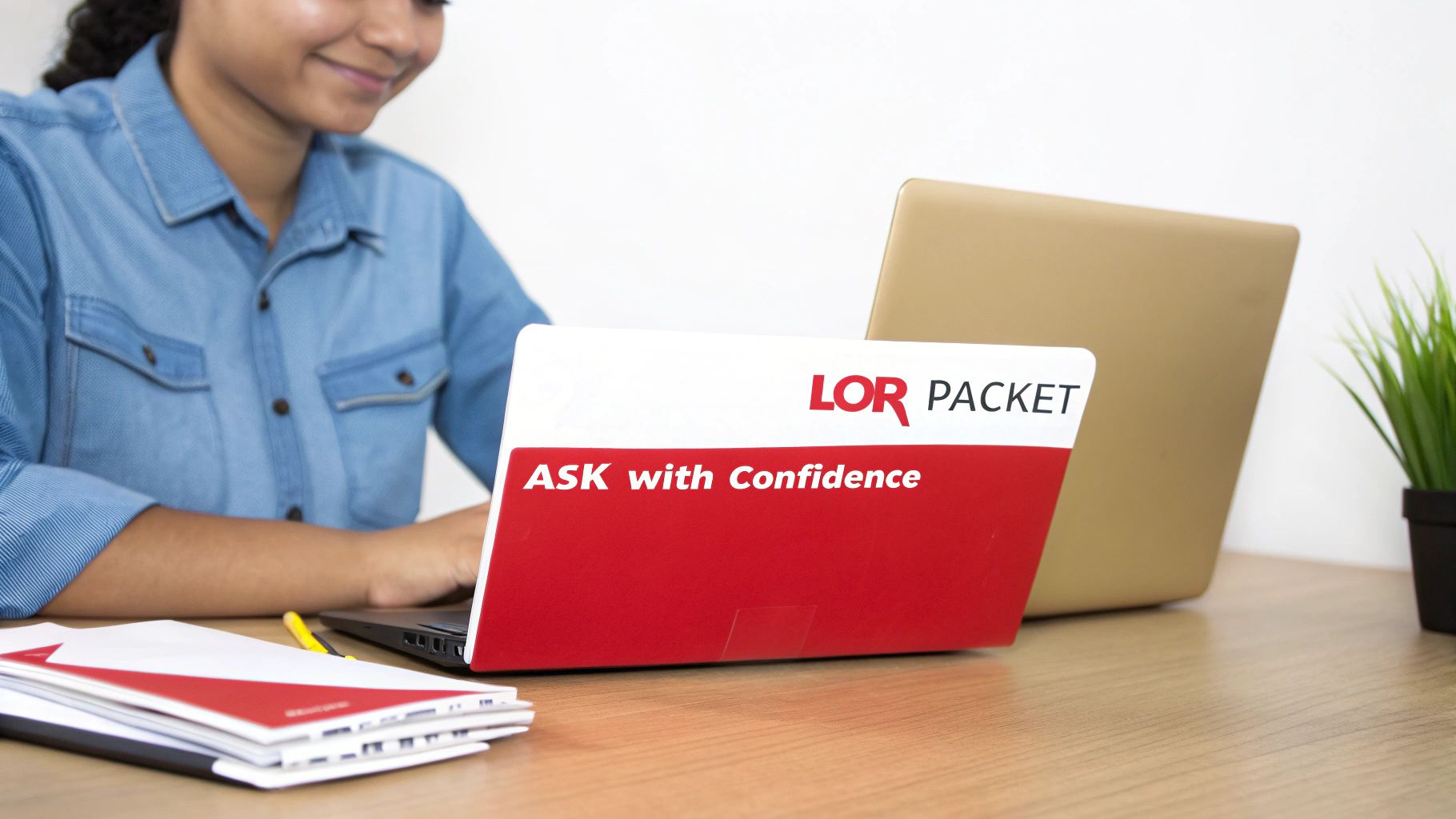 Smiling person working on a laptop with an 'LOR PACKET: ASK with Confidence' cover.