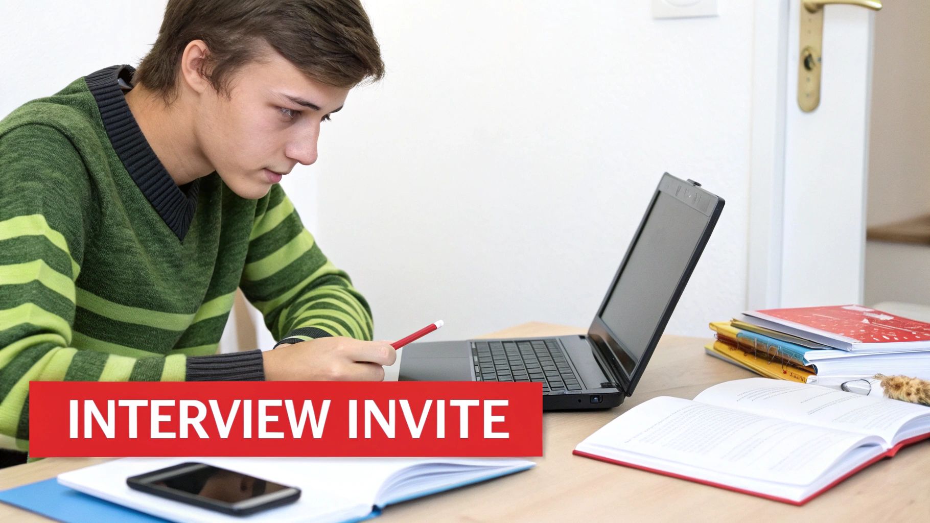 Young man studying at a desk with a laptop, books, and a pen, receiving an "INTERVIEW INVITE."