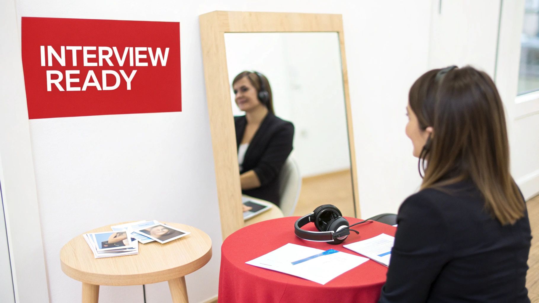 A woman practices an interview, reflected in a mirror, with an "INTERVIEW READY" sign.