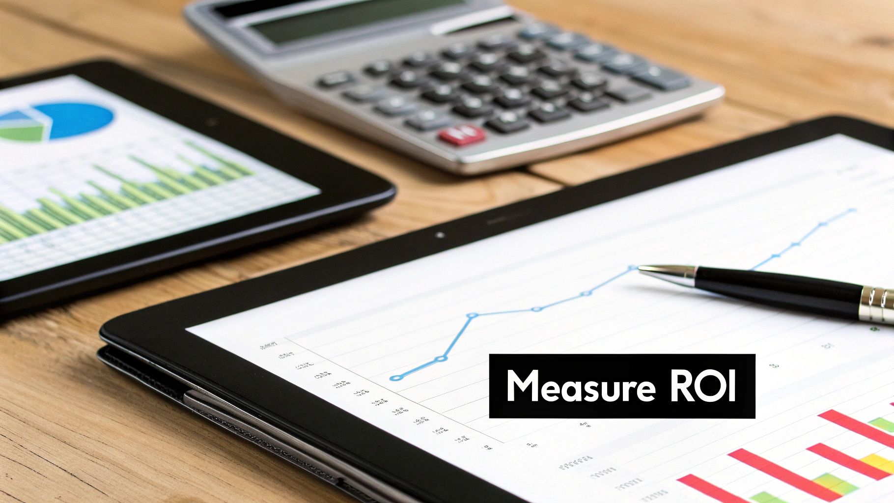 A close-up of two tablets, a calculator, and a pen on a wooden desk. One tablet shows a line graph with a text overlay "Measure ROI", and the other displays a pie chart and bar graph.