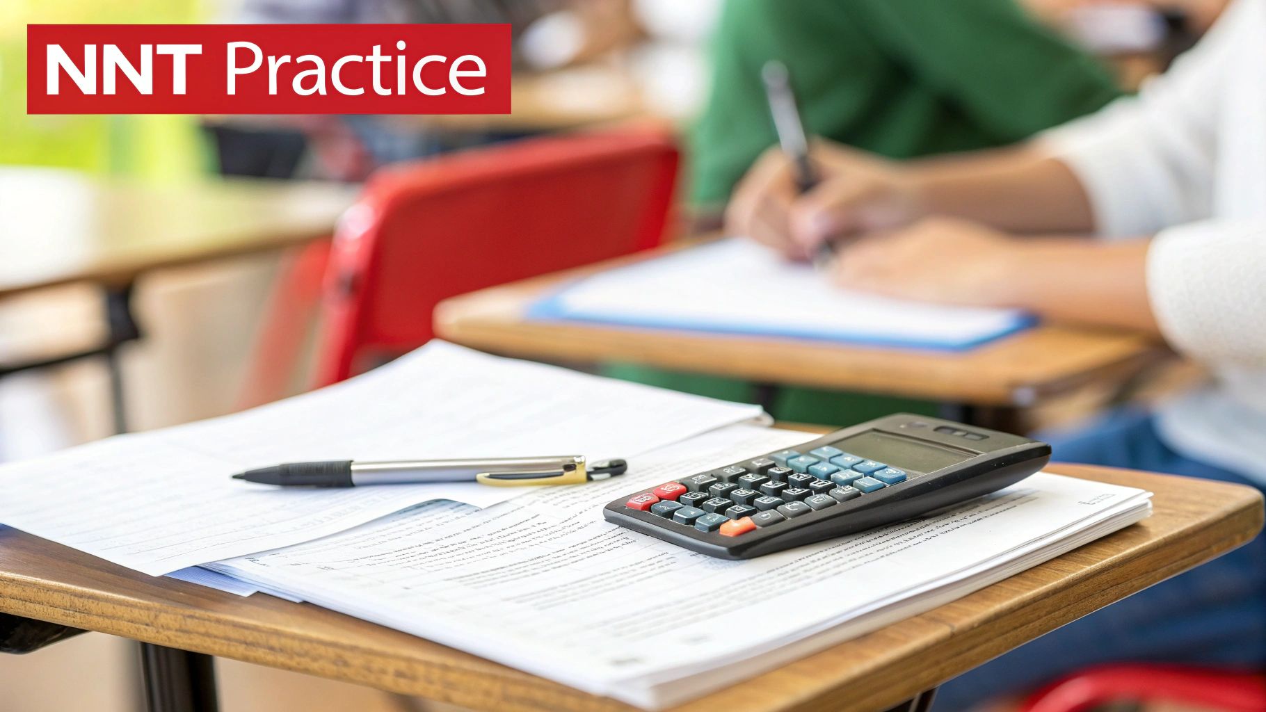 Students in a classroom taking a practice test with a calculator and pen on a desk.