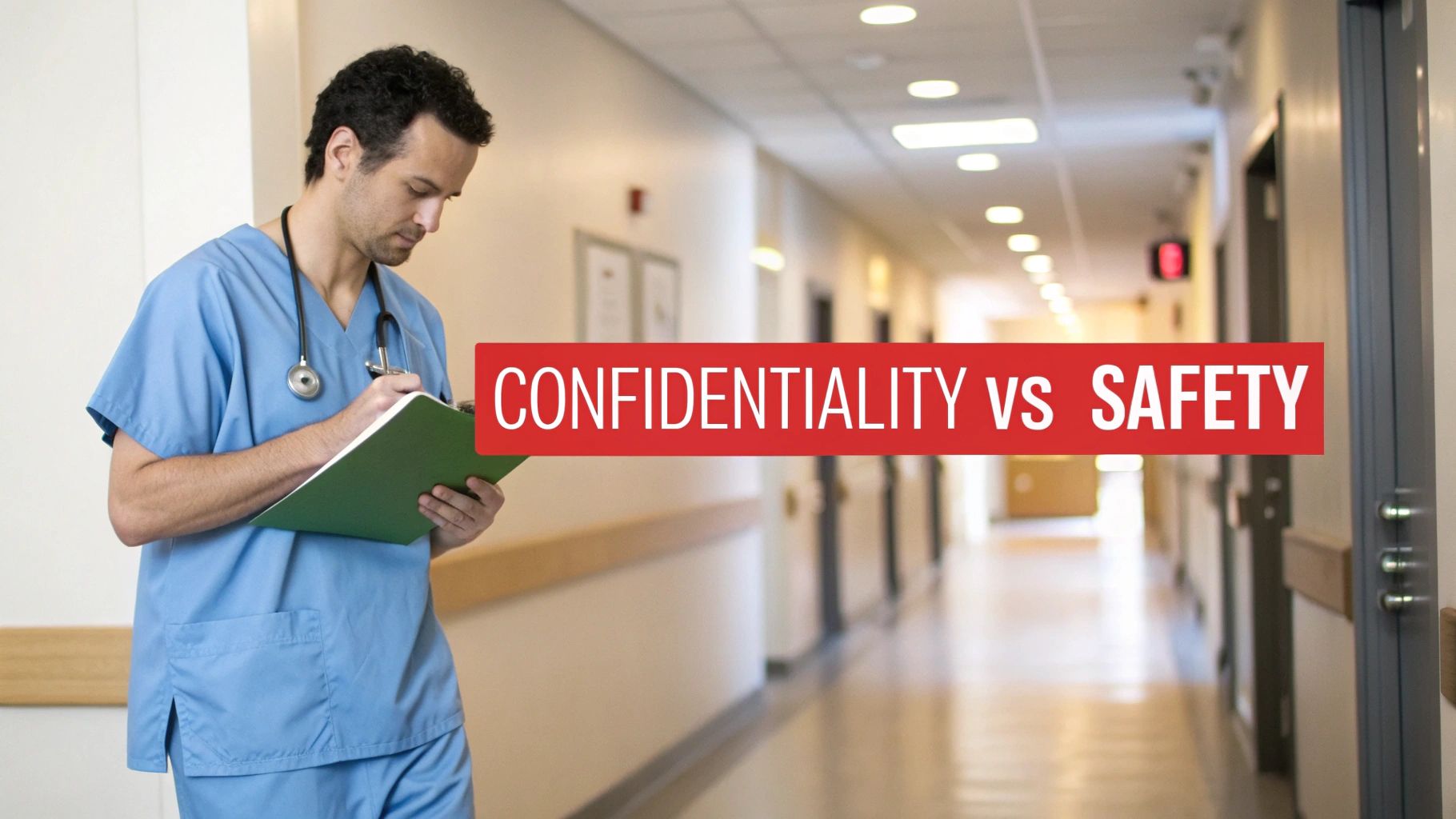 A male healthcare worker in scrubs writes on a clipboard in a hospital hallway, with a banner that reads "CONFIDENTIALITY VS SAFETY".