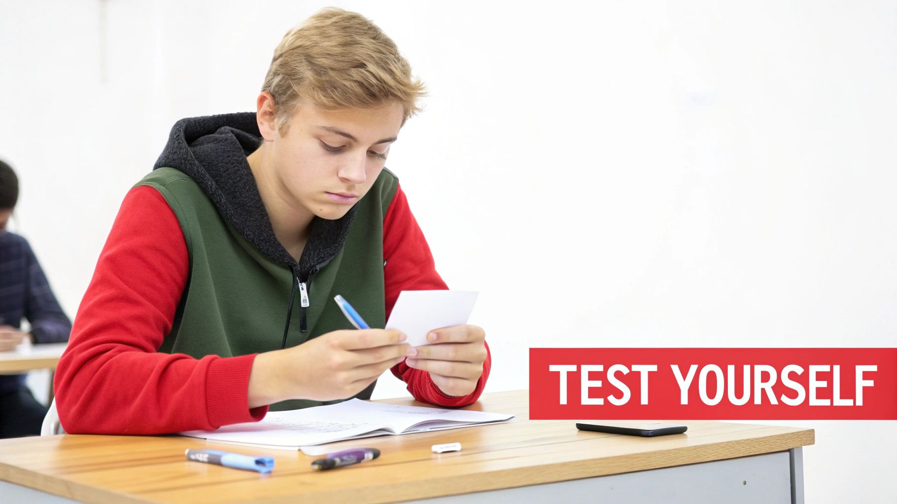 Young student in red sleeves concentrated on taking written test at classroom desk