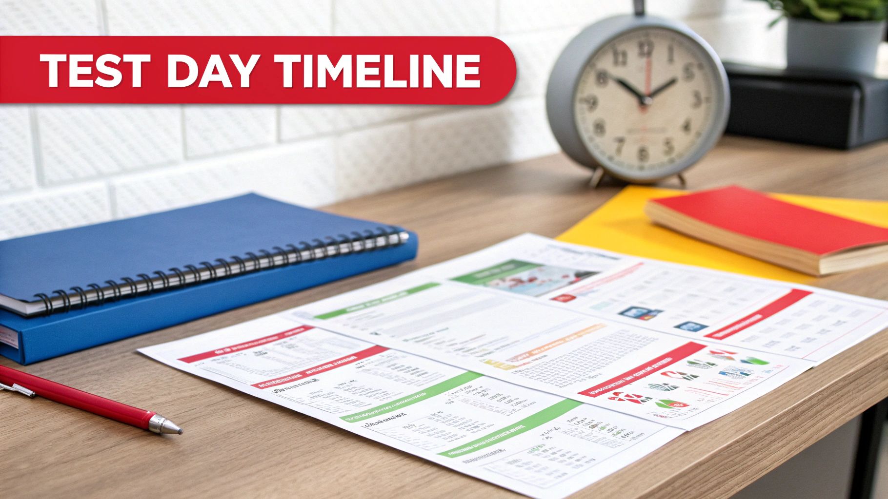 A desk with a 'TEST DAY TIMELINE' banner, notebooks, a document, and an alarm clock.