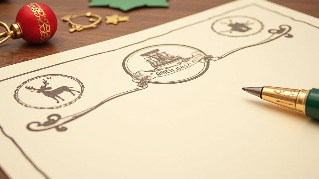 A holiday-themed letter template with a reindeer, North Pole illustration, and a pen on a wooden surface.