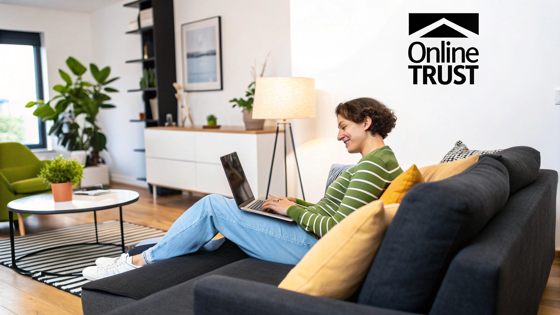 A property manager checking online reviews on a laptop, with positive star ratings floating around.