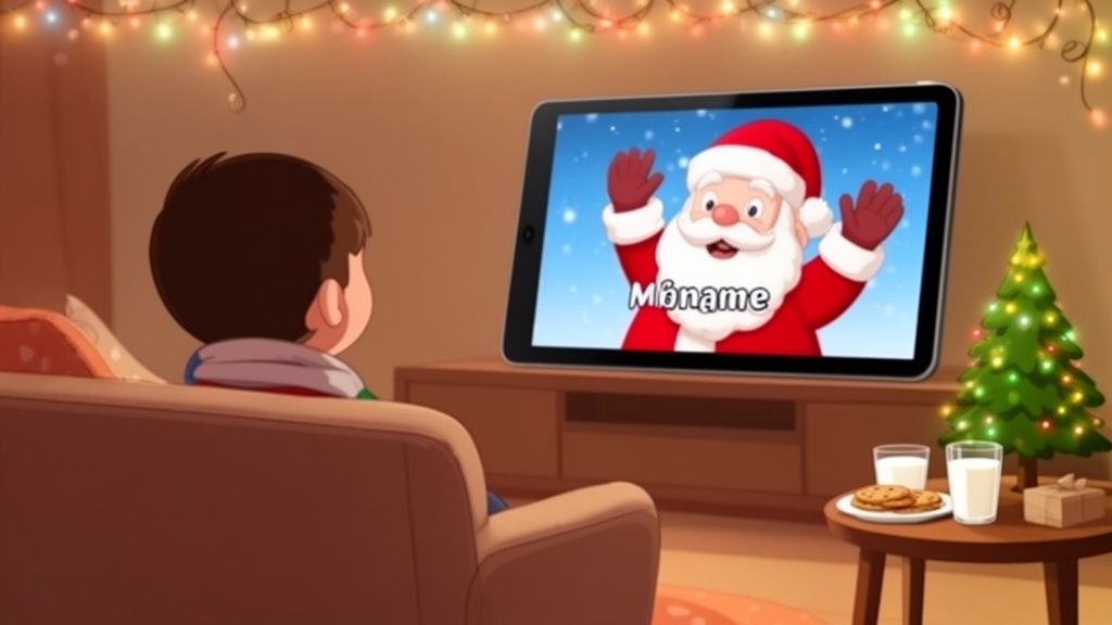 A young boy watches a personalized Christmas video message from Santa Claus on a tablet.