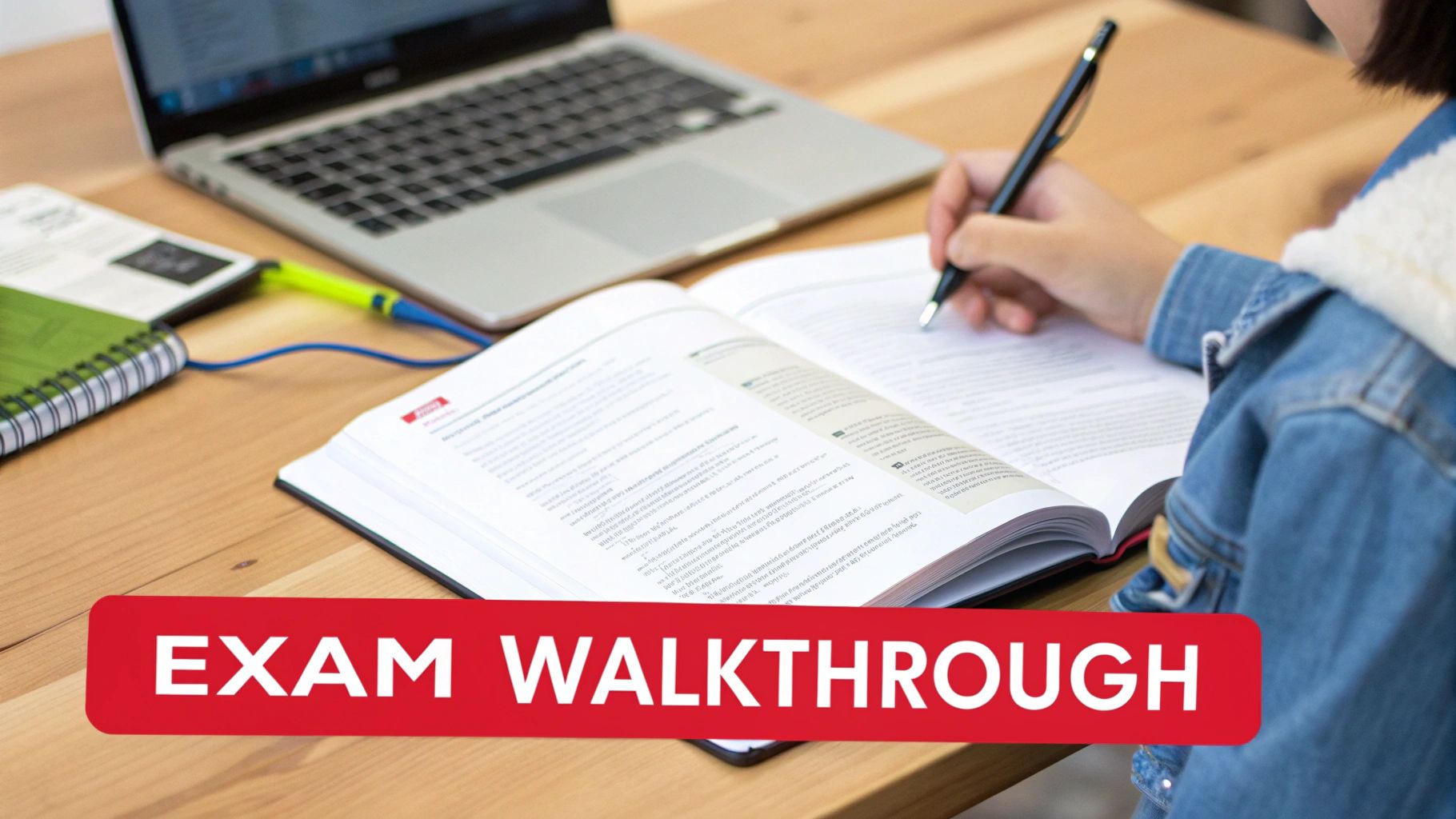 A student with a denim jacket writes in an open textbook on a wooden desk.