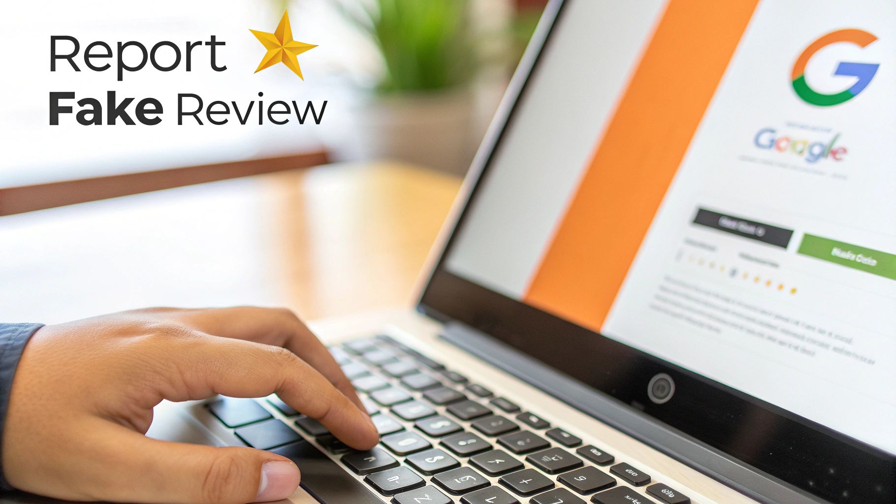 Person's hand typing on a laptop with a Google review page open, next to 'Report Fake Review' text.