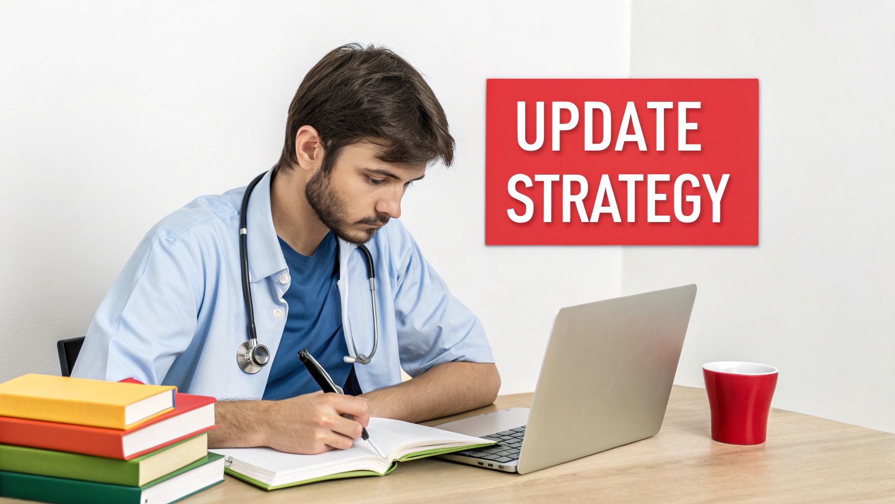 Young doctor reviewing notes at a desk with a laptop, books, and an 'UPDATE STRATEGY' sign.
