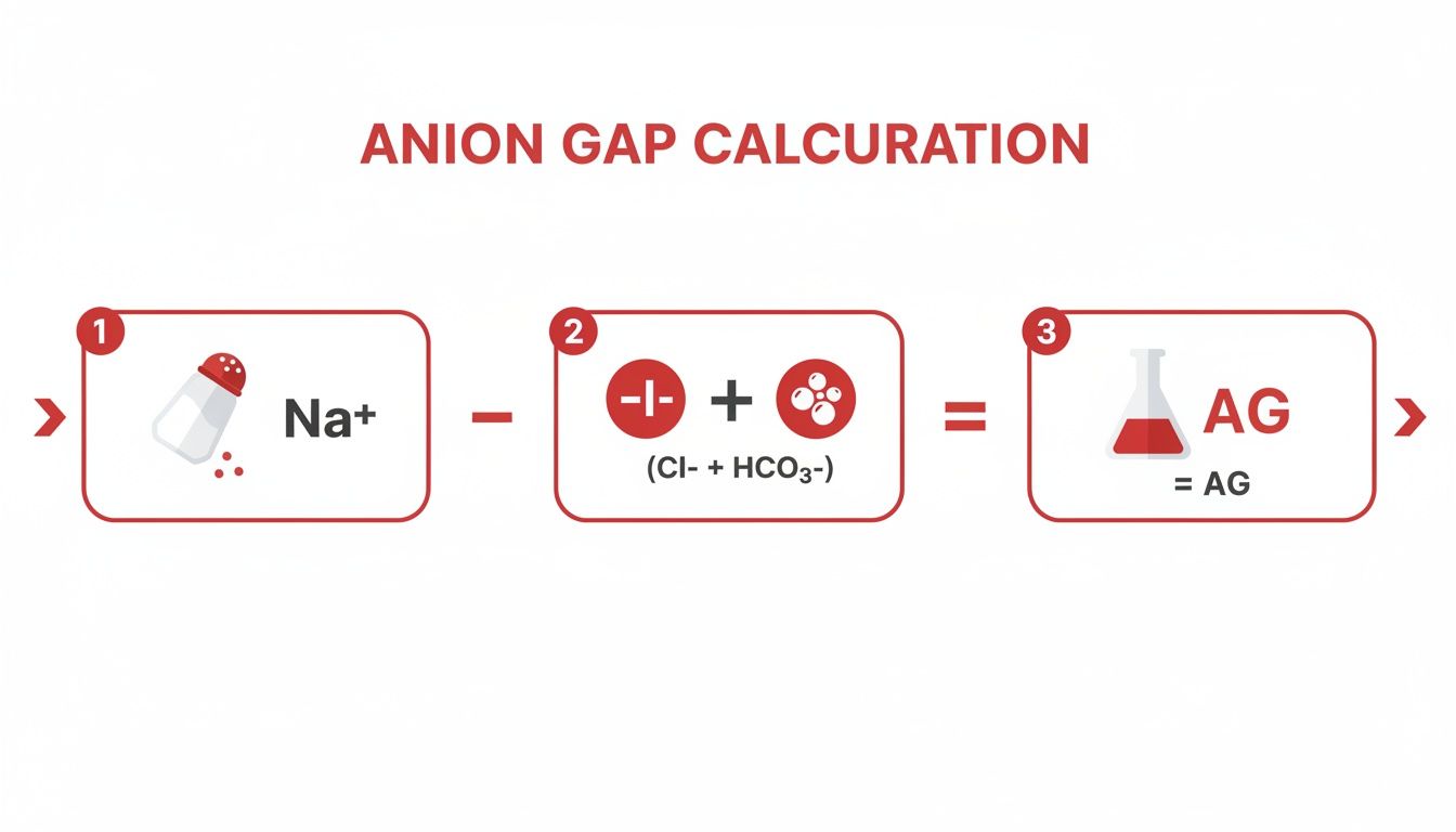 An infographic illustrating the anion gap calculation formula: Sodium minus the sum of Chloride and Bicarbonate equals Anion Gap.