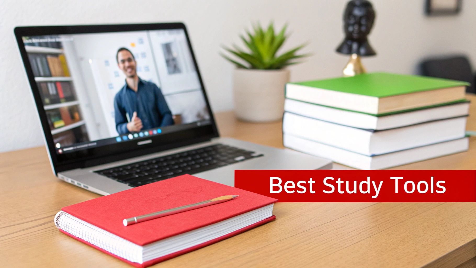 A desk with a laptop showing a video lesson, a red notebook, a pencil, and study books.