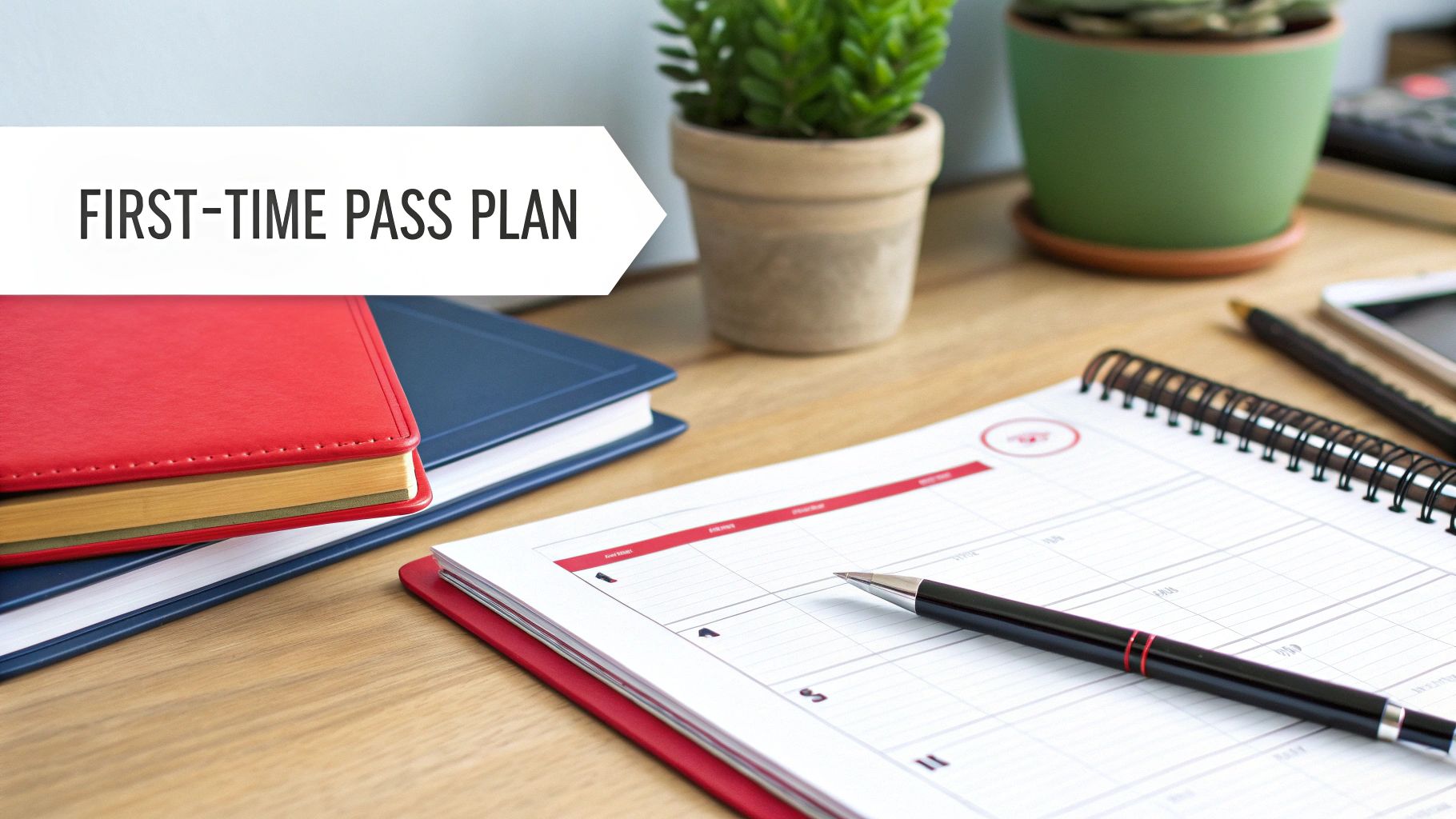 A desk with a banner displaying 'FIRST-TIME PASS PLAN', notebooks, a pen, and potted plants.