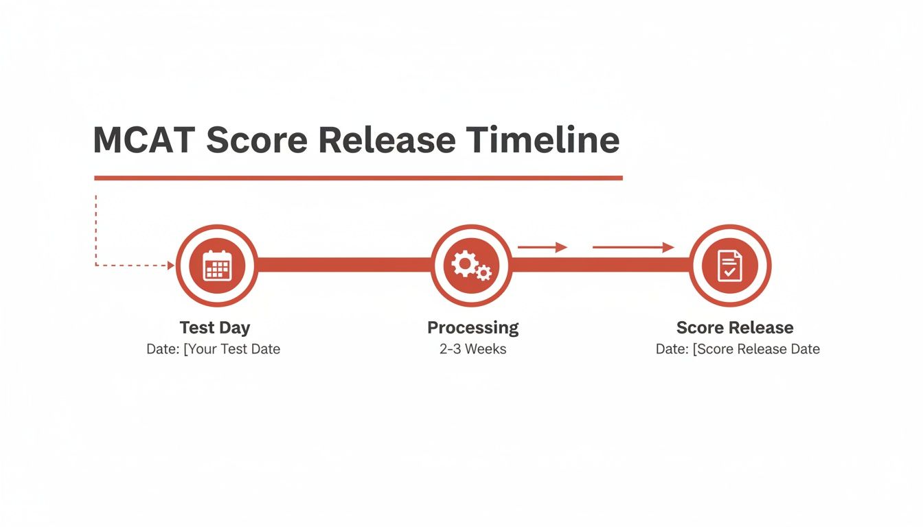MCAT score release timeline infographic showing test day, processing, and final score release.