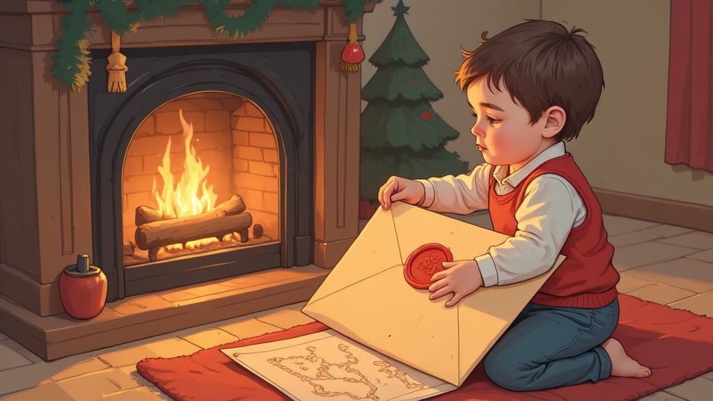 A young boy holds a mysterious letter with a wax seal by a cozy fireplace with a Christmas tree.