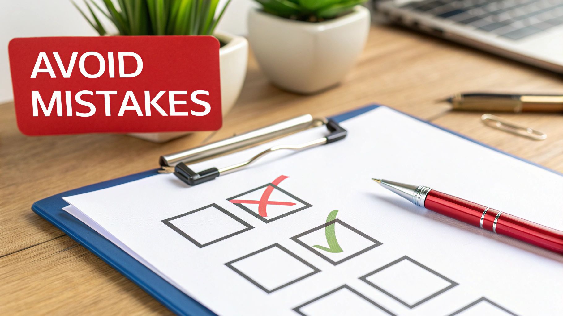 Red sign 'AVOID MISTAKES' on a desk with a checklist showing a red 'X' and green checkmark.