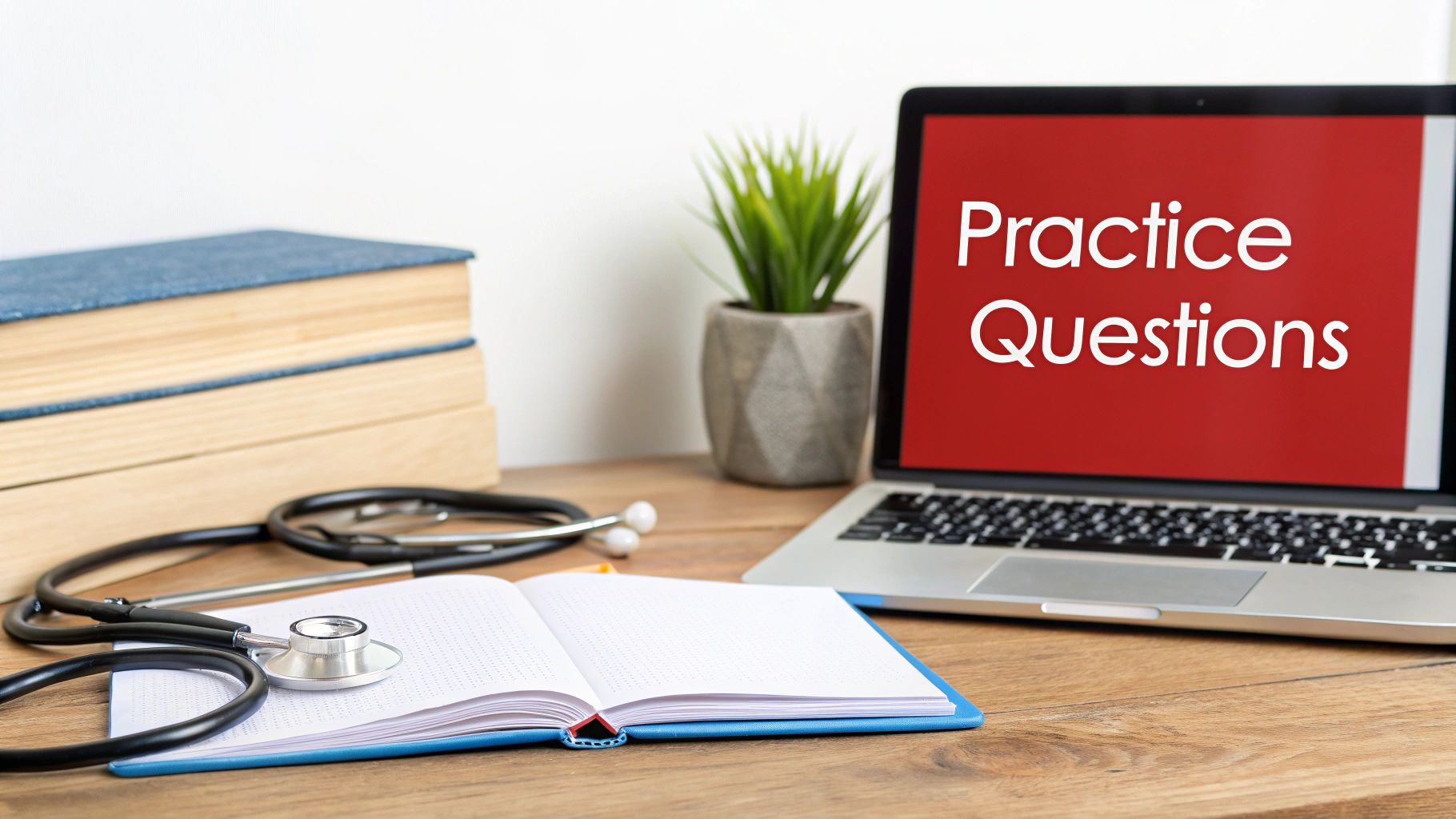 A medical study desk with a stethoscope, books, open notebook, and a laptop displaying 'Practice Questions'.