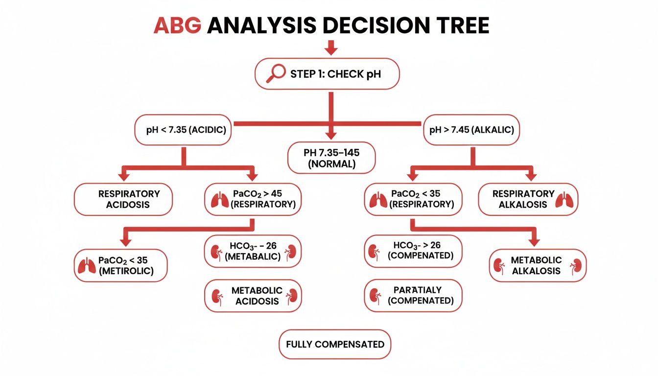 Decision tree flowchart for ABG analysis, showing steps to interpret pH, PaCO2, and HCO3- levels.