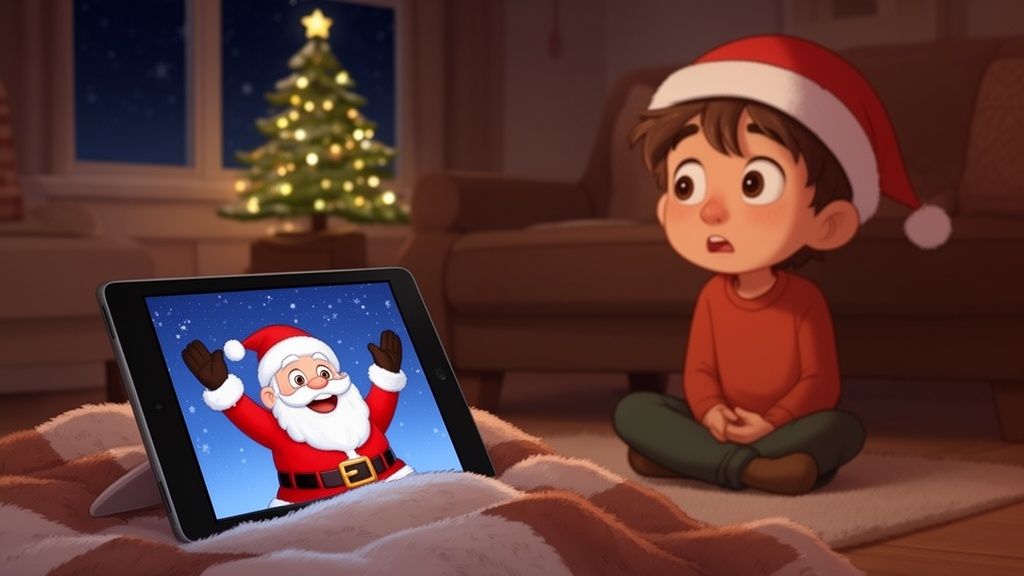 A surprised boy in a Santa hat watches Santa Claus on a tablet beside a Christmas tree.