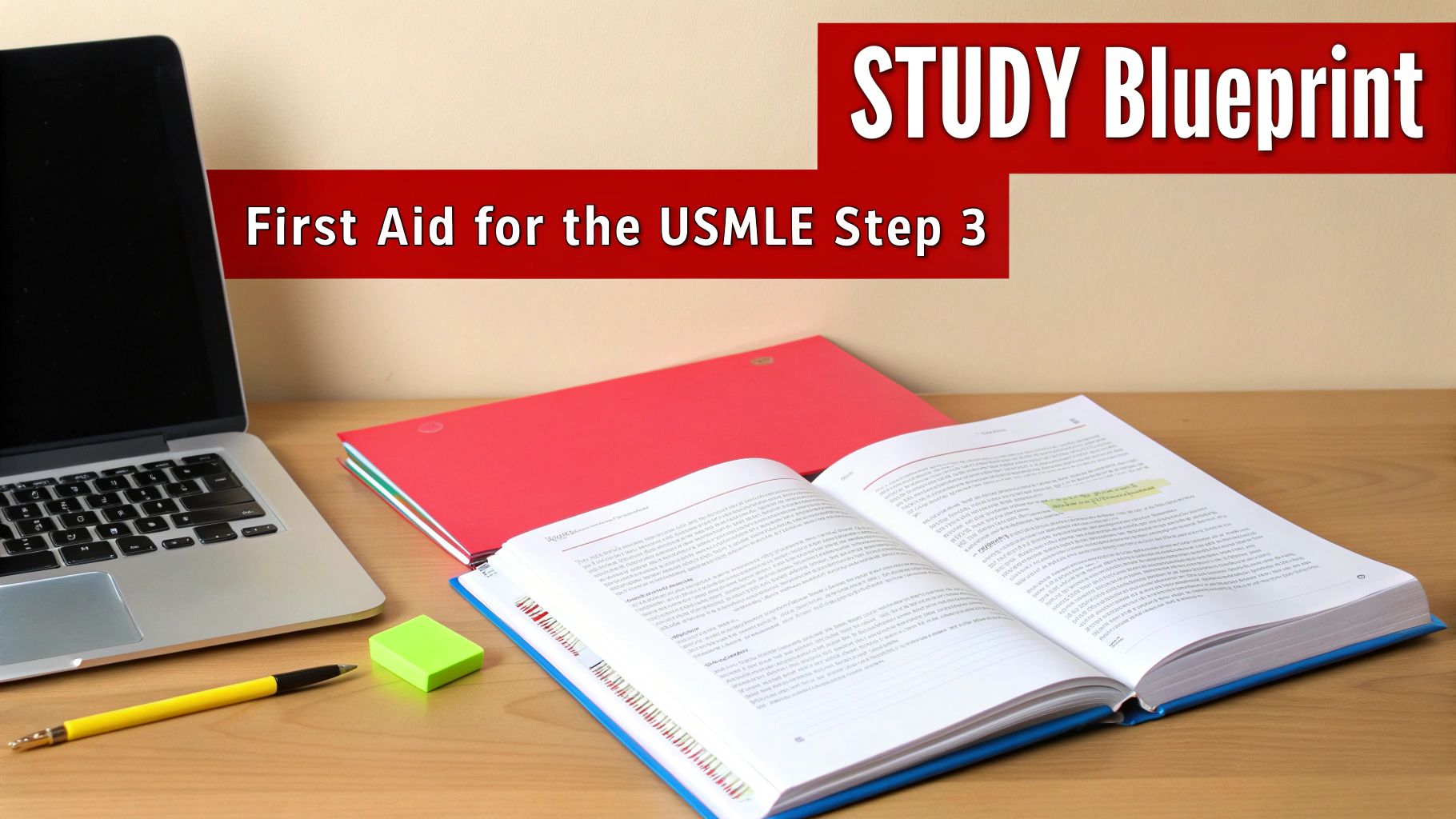 A study blueprint for USMLE Step 3 with a laptop, open books, and study aids on a desk.
