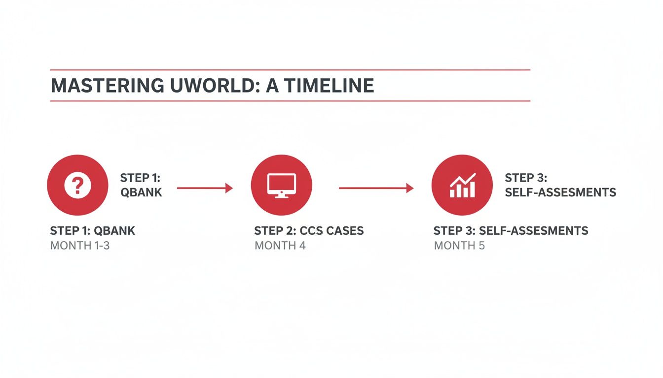 Timeline illustrating three steps for mastering UWorld: Qbank, CCS cases, and self-assessments over five months.