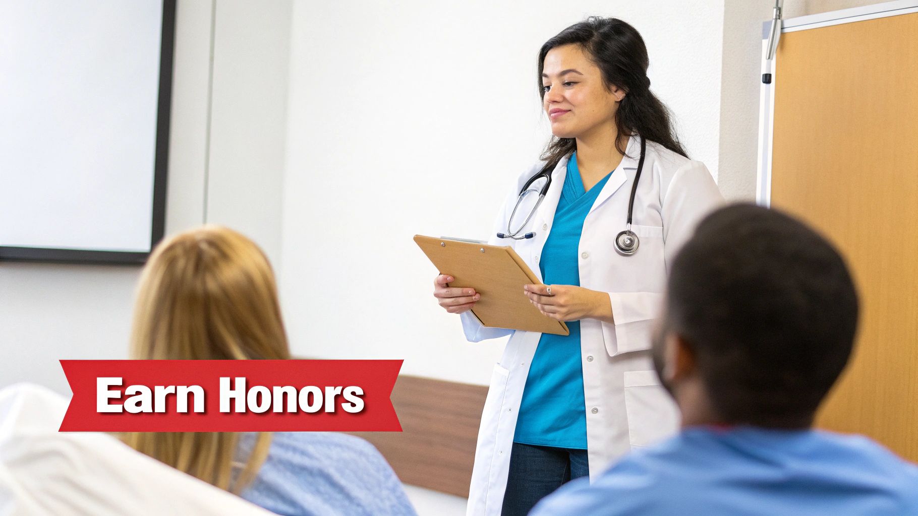 A smiling female medical student in a white coat teaches two other students during a clerkship.