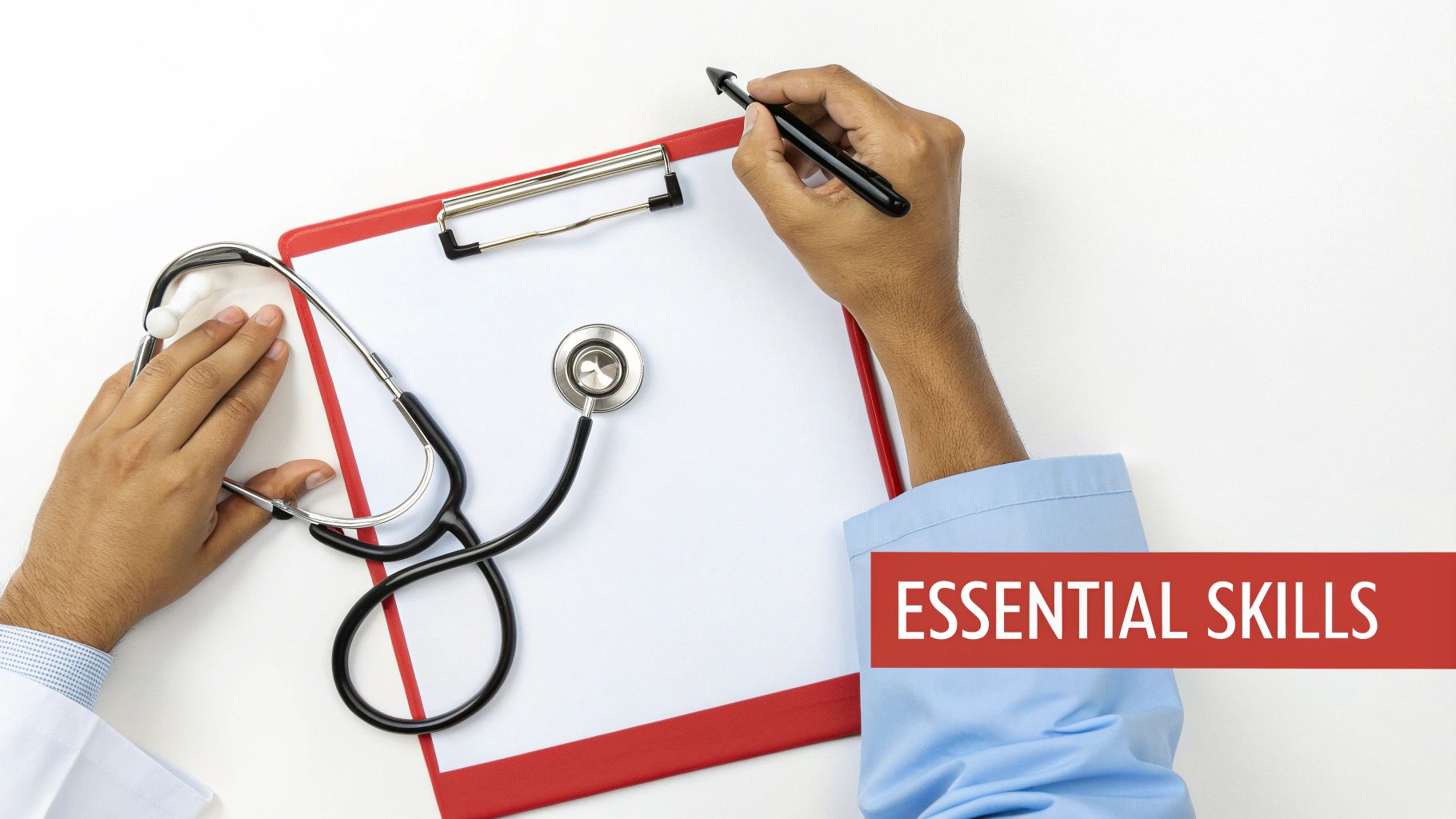 Doctor's hands with a stethoscope, writing notes on a clipboard with 'ESSENTIAL SKILLS' banner.