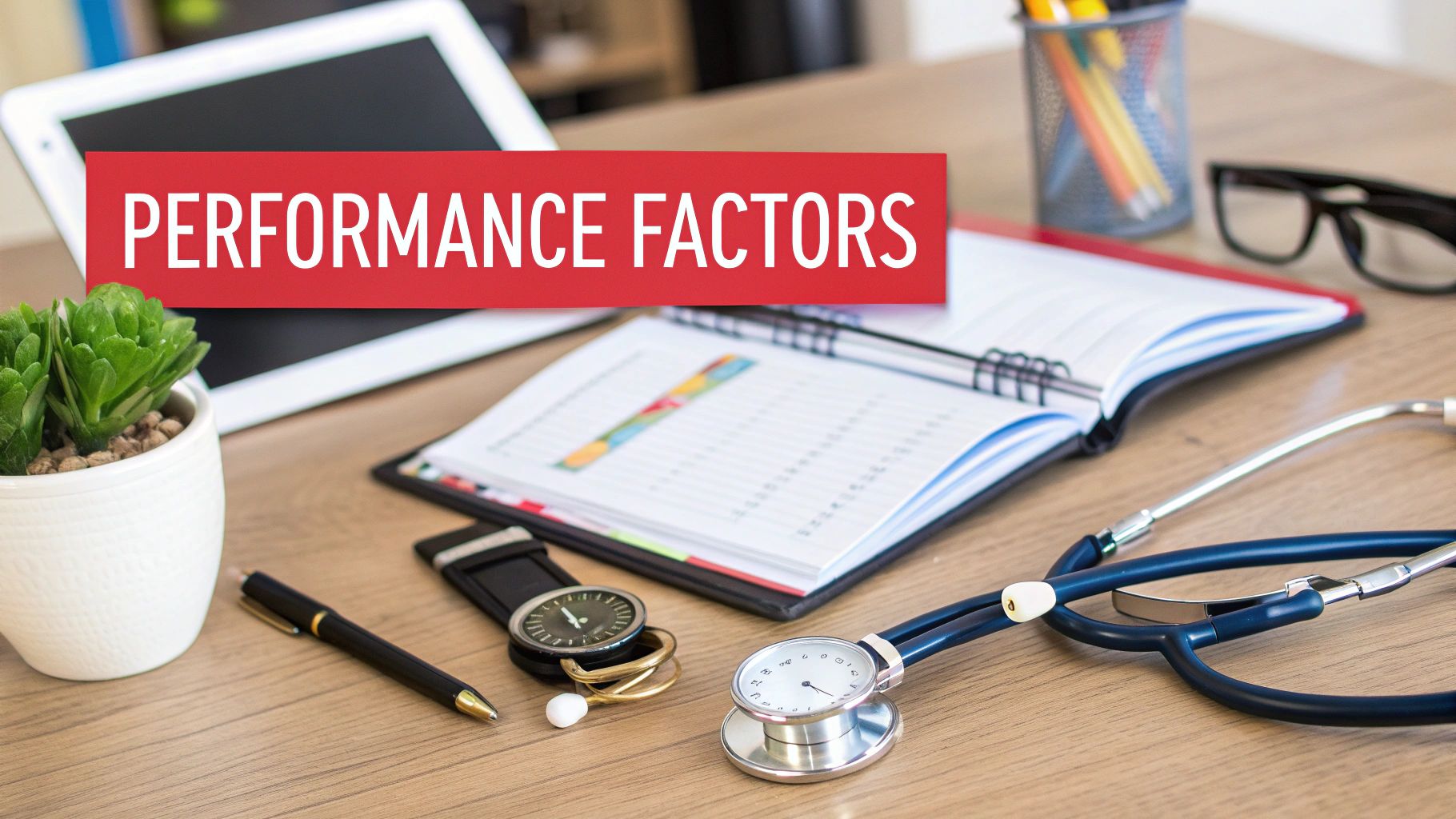 A professional desk featuring a red banner with 'PERFORMANCE FACTORS', a stethoscope, and an open notebook.