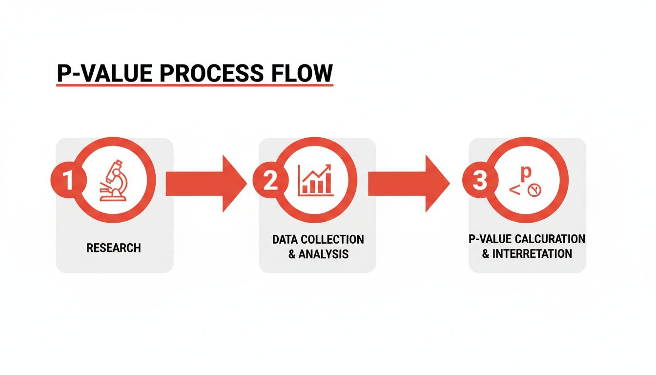 A three-step diagram illustrating the P-value process: Research, Data Collection & Analysis, and P-Value Calculation & Interpretation.