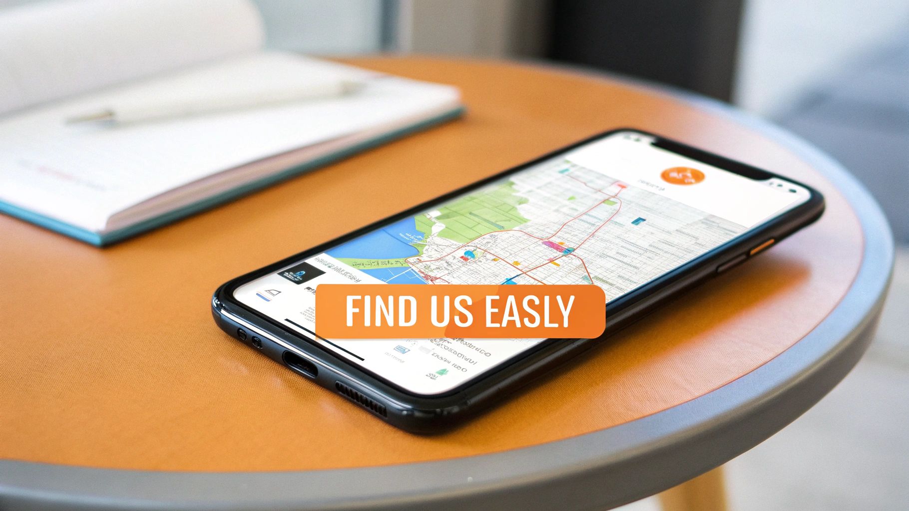 Smartphone displaying interactive map navigation app on orange table with find us easily overlay text