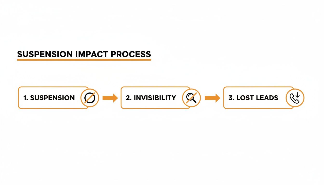 A diagram illustrating the suspension impact process: suspension leads to invisibility, then lost leads.