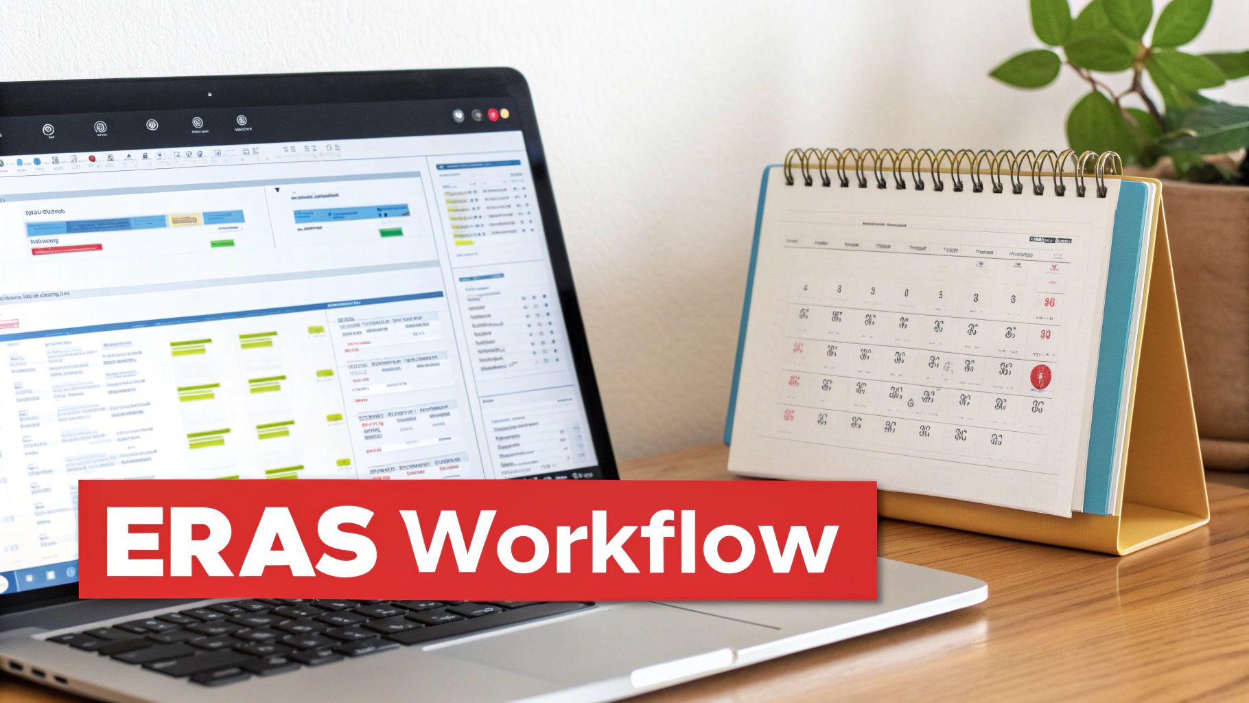 Laptop displaying ERAS workflow software, alongside a desk calendar and a green plant.