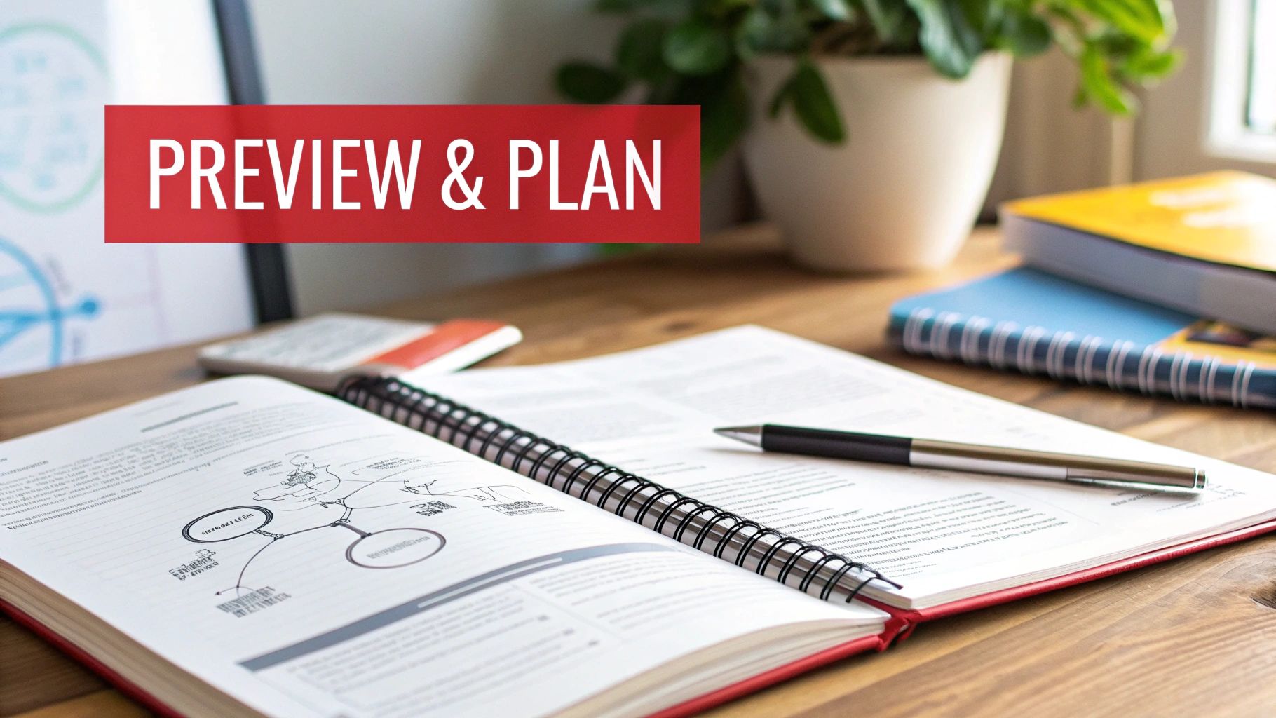 An open spiral notebook and pen on a wooden desk, with a 'PREVIEW & PLAN' banner.