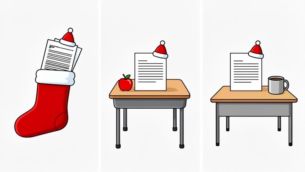 Three cartoon illustrations depicting papers with Santa hats, one in a stocking, two on desks with an apple and coffee.