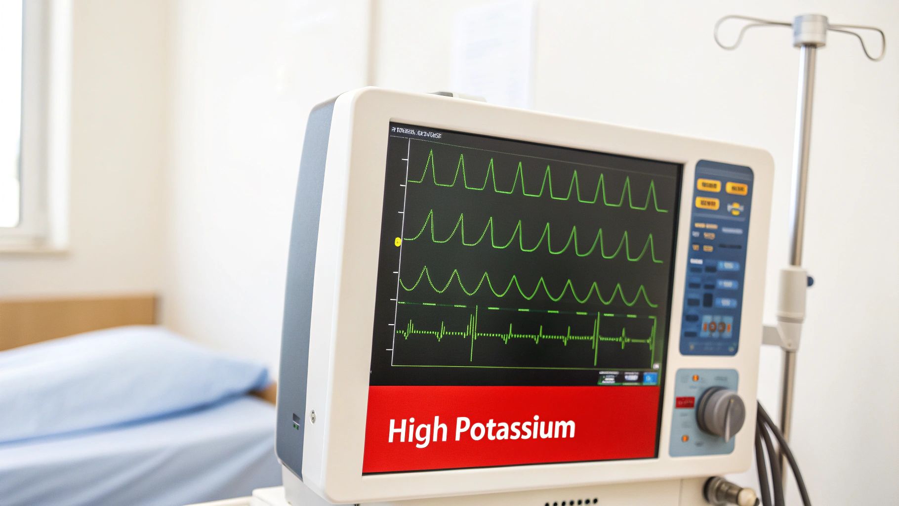 Medical monitor displaying high potassium alert with cardiac rhythm waveforms in hospital room