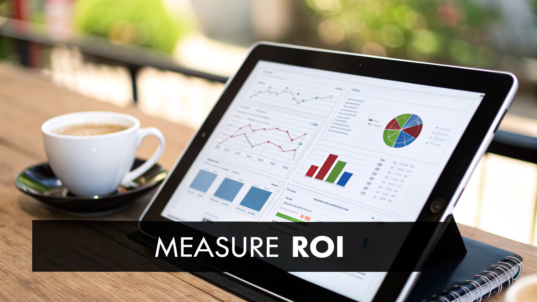 A tablet displaying business charts and ROI data, with a coffee cup on a wooden table.