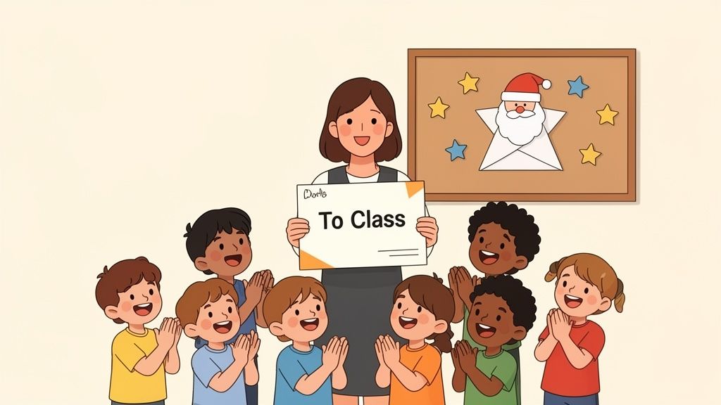 A smiling teacher holds a "To Class" sign while diverse children clap around her.